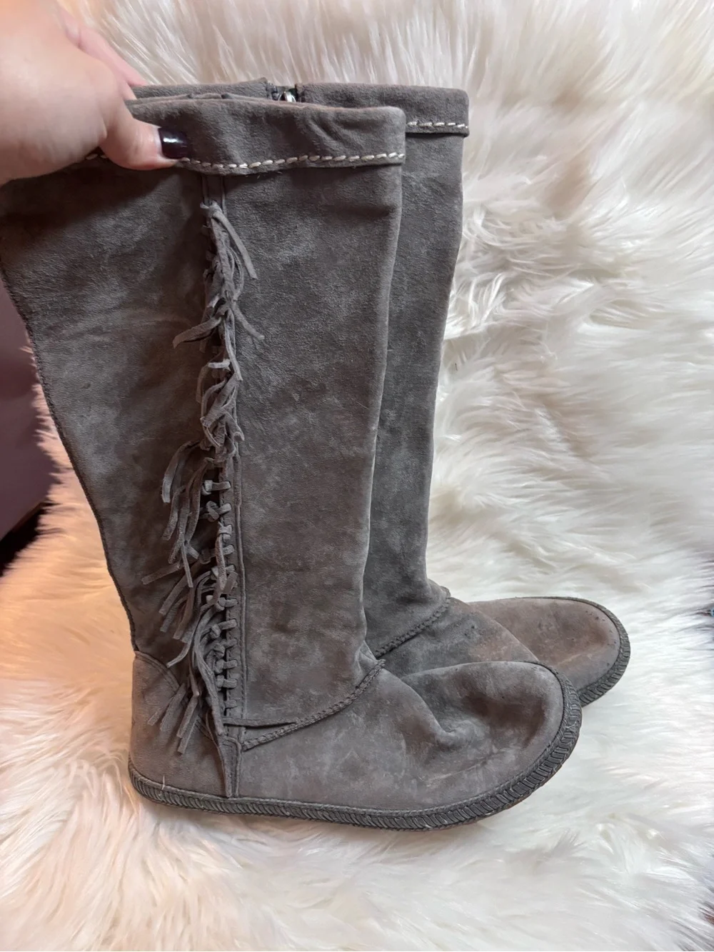 UGG Gray Suede Fringe Boots